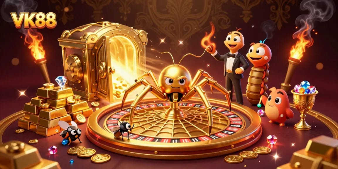 VK88 bets at a dynamic casino scene featuring a spider and croupier managing a roulette web.