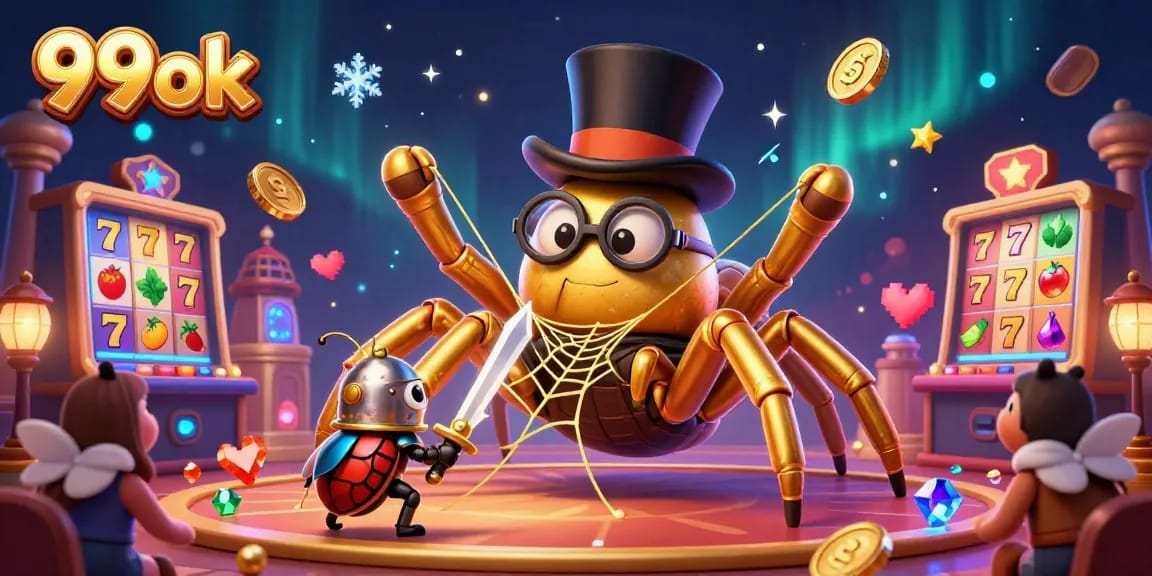 Experience vibrant gaming action with 99ok as a golden tarantula and beetle knight battle a web of fun.