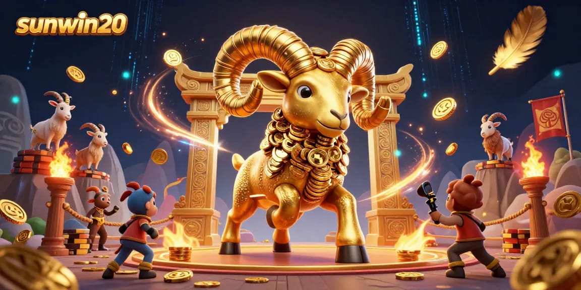 Engage the action with sunwin20's massive golden ram charging through a vibrant casino arena.