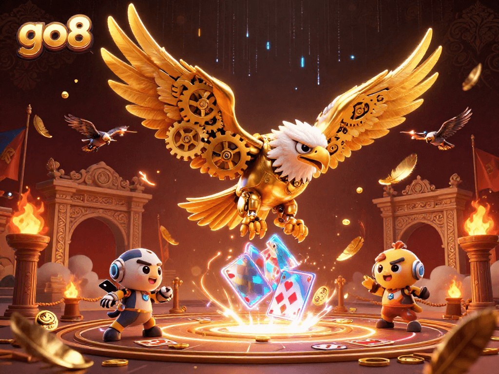 Engage in exciting gameplay at go8 with a dynamic scene featuring a cybernetic eagle and holographic cards.