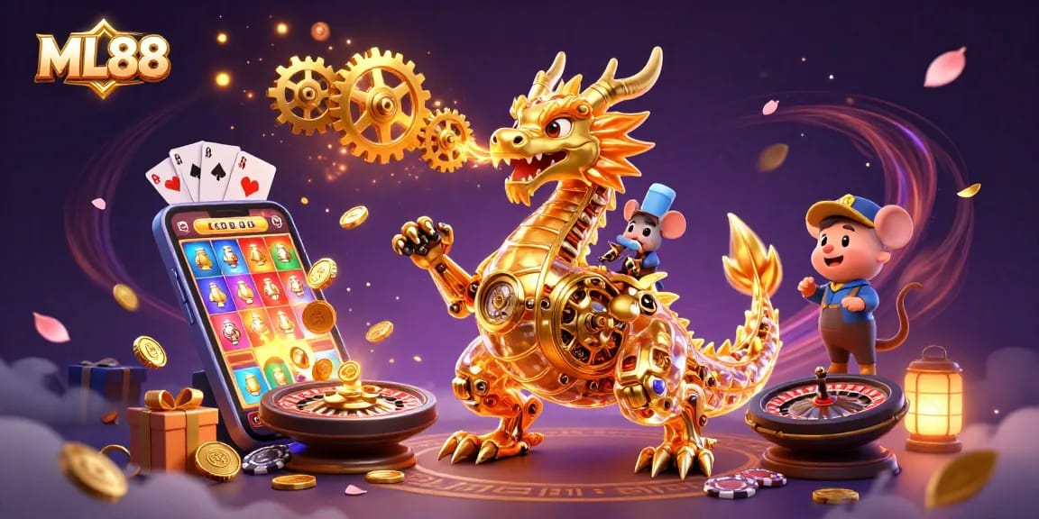 Experience the thrilling gaming world at ML88 with vibrant slot games, golden treasures, and action-packed scenes.