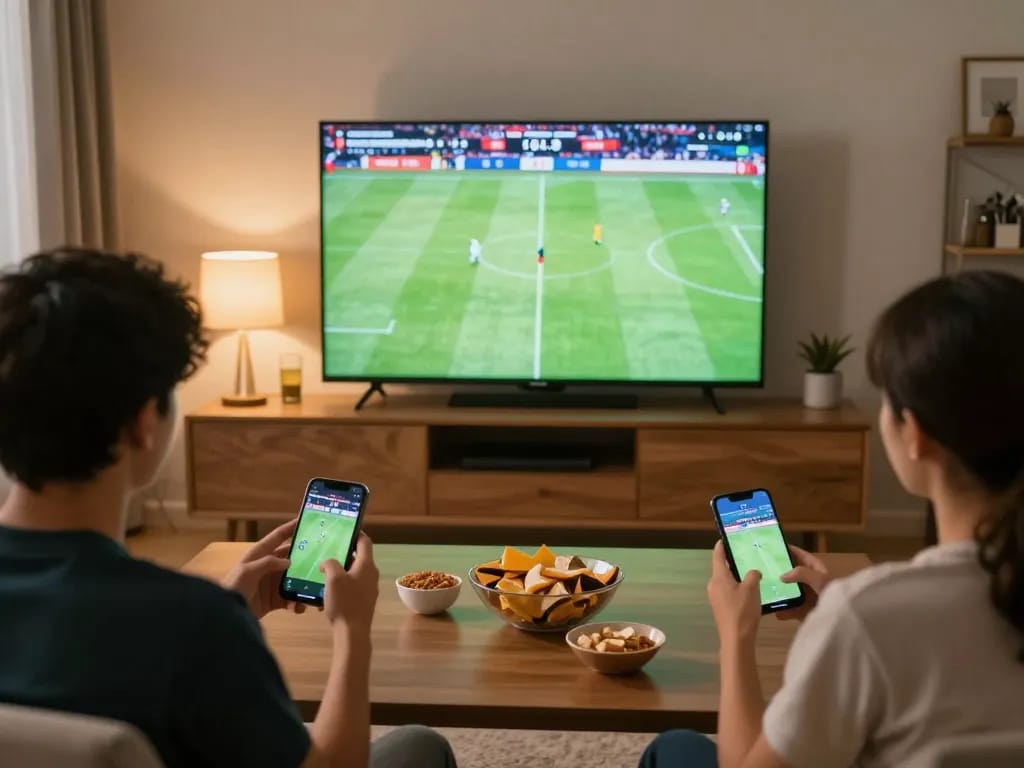 Engaging home sports setup for bóng đá trực tuyến betting with viewers actively participating during the match.