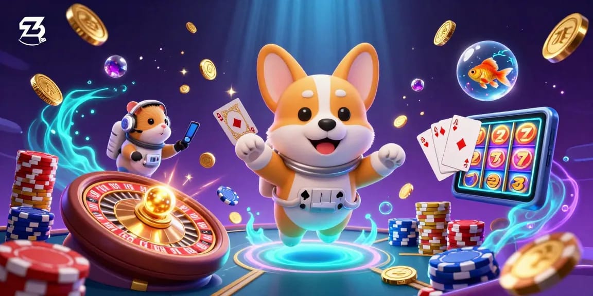 ZBET offers a vivid casino adventure with a playful astronaut corgi and friends in a dynamic gaming scene.