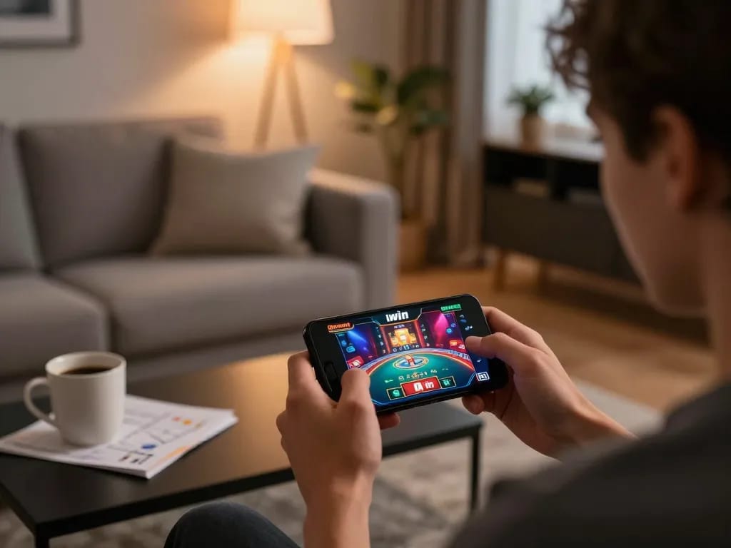 Engaged player enjoying iwin online casino game on smartphone in cozy home setting