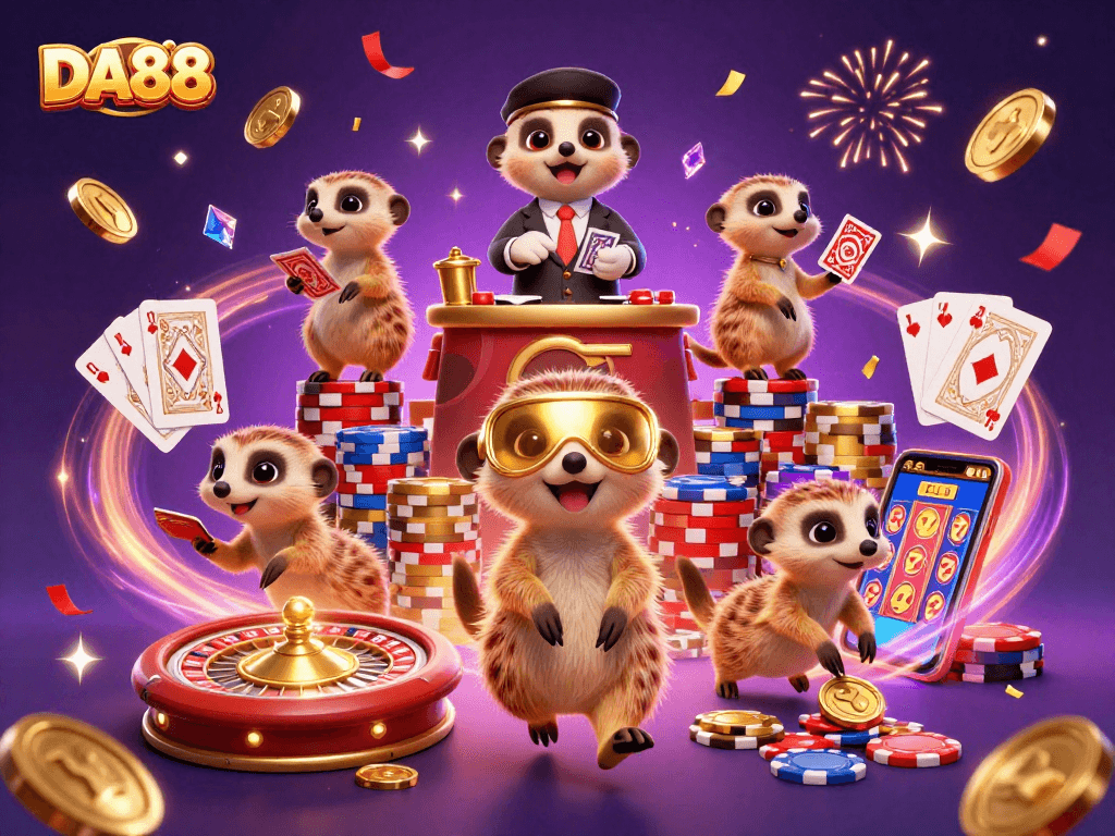 DA88 meerkats managing a lively casino, celebrating wins with vibrant elements.