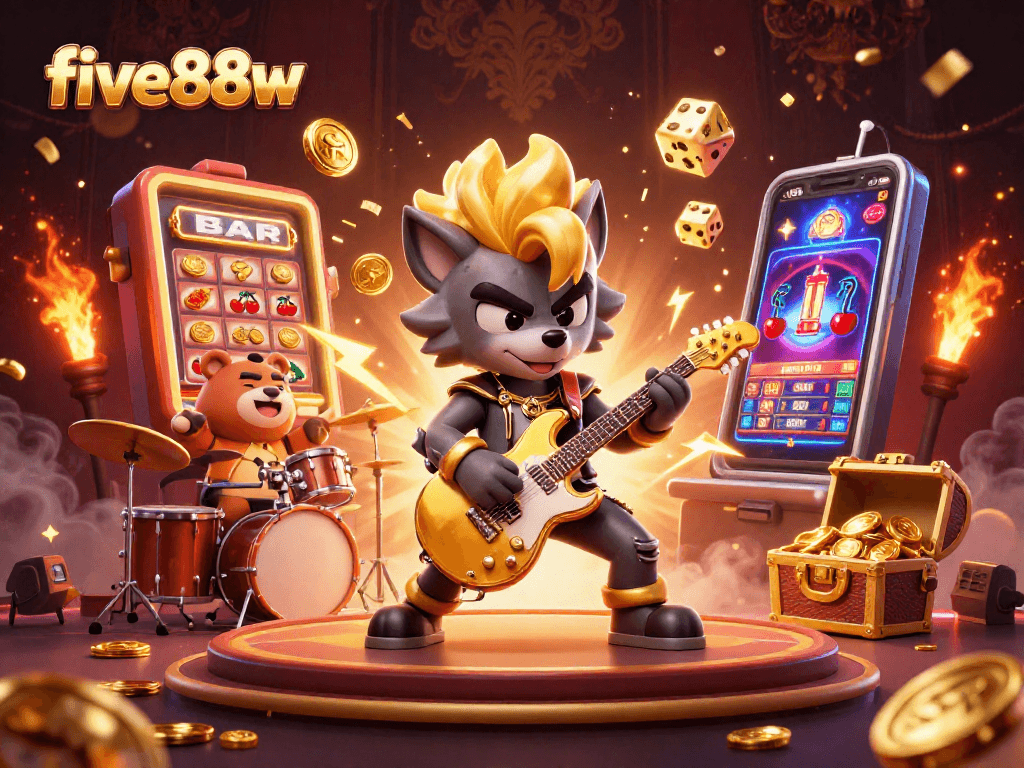 Experience the excitement of five88w with a rock star wolf shredding on a golden guitar amid casino elements.