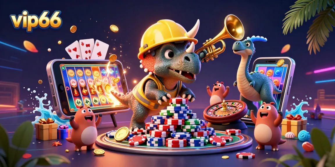 Experience an exhilarating scene with vip66 as a triceratops builds a poker chip pyramid amid dynamic casino elements.