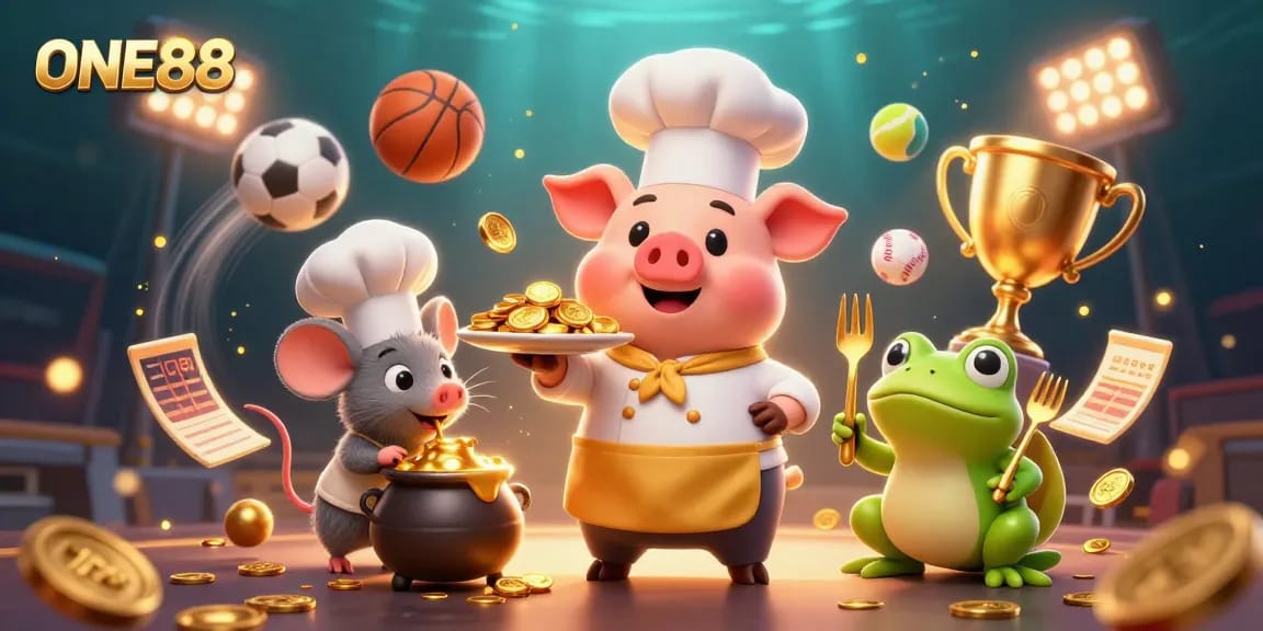 ONE88 showcases a vibrant 3D scene with a chef pig serving gold coins amid dynamic sports betting elements.