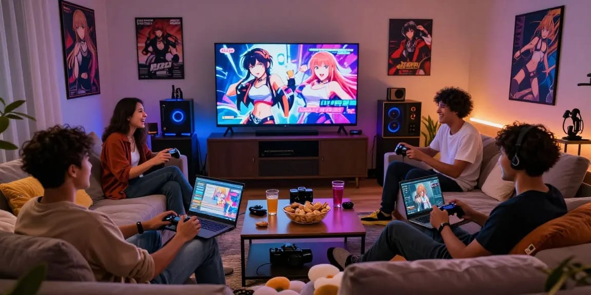 Enthusiastic gamers enjoying a lively session of a hentai game in a cozy atmosphere.