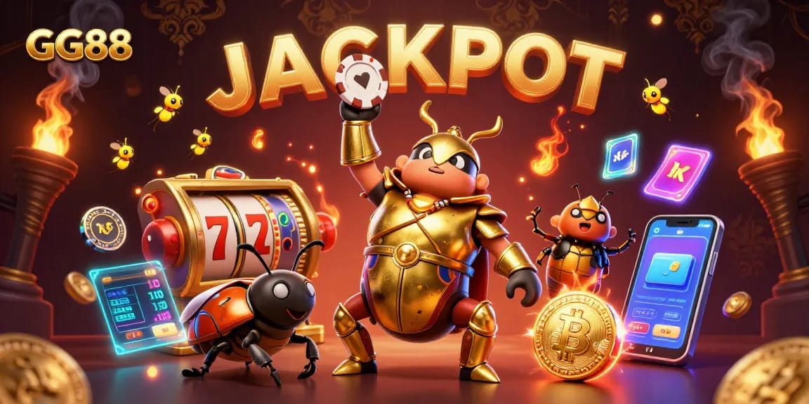 Win big with GG88 as the heroic beetle triumphs in a vibrant casino setting.