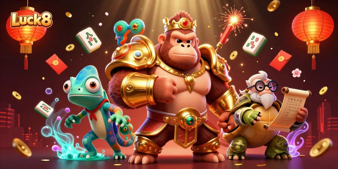 Experience the excitement of Luck8 with a dynamic 3D digital illustration showcasing casino elements and lively characters.