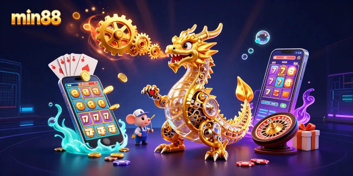 Immerse in the thrilling world of min88 with a golden dragon overseeing a dynamic slot game scene.