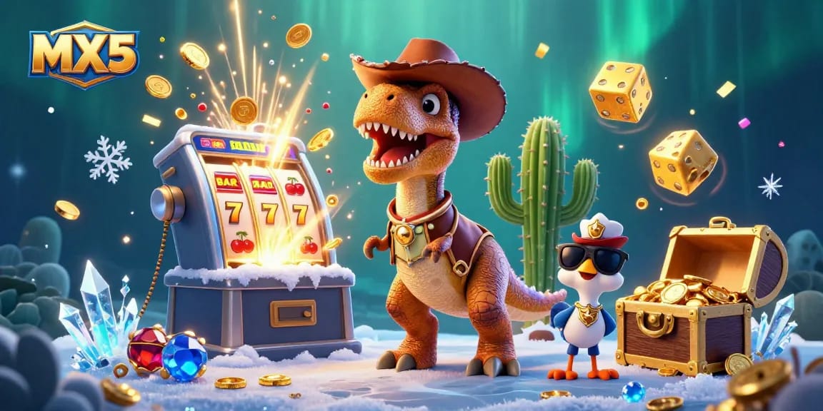 Experience the excitement of MX5 with a vibrant 3D casino scene featuring a cowboy dinosaur and jackpot elements.