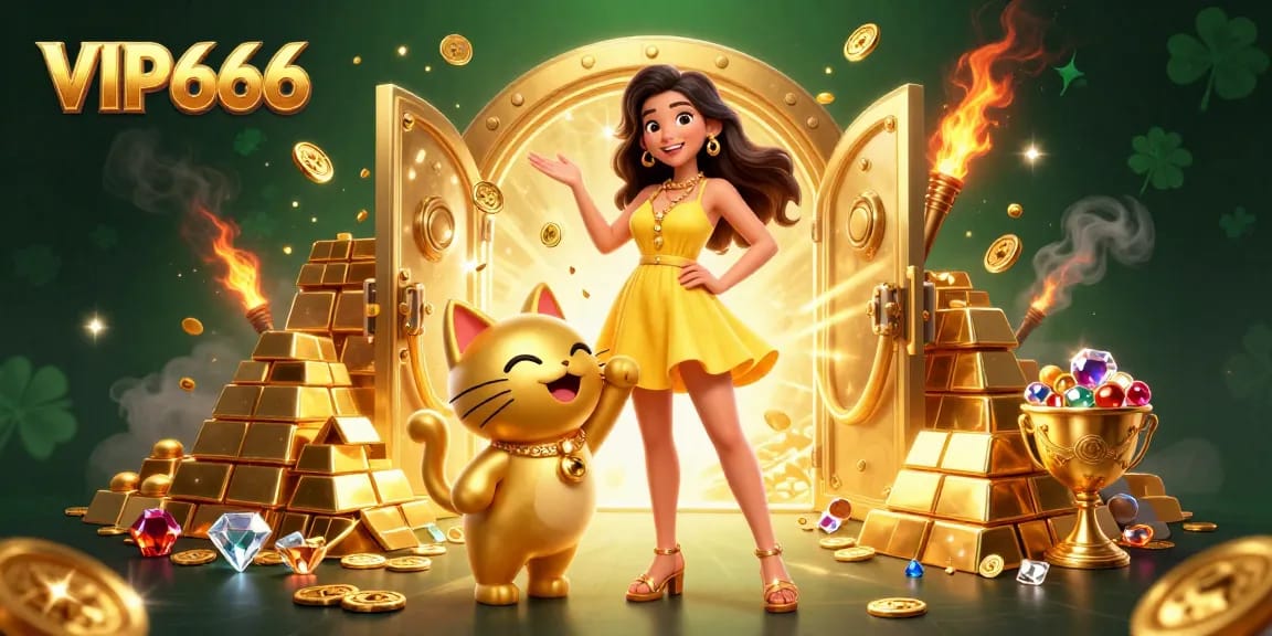 Engage with VIP666 and explore the vibrant casino world featuring a cheerful woman and golden lucky cat.