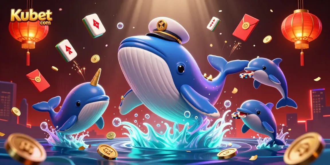 Engage with thrilling action at Kubet com, featuring a cartoon whale, poker chips, and mahjong tiles.