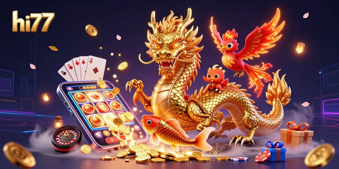 Join the excitement at hi77 with a dragon and phoenix amid coins and games!