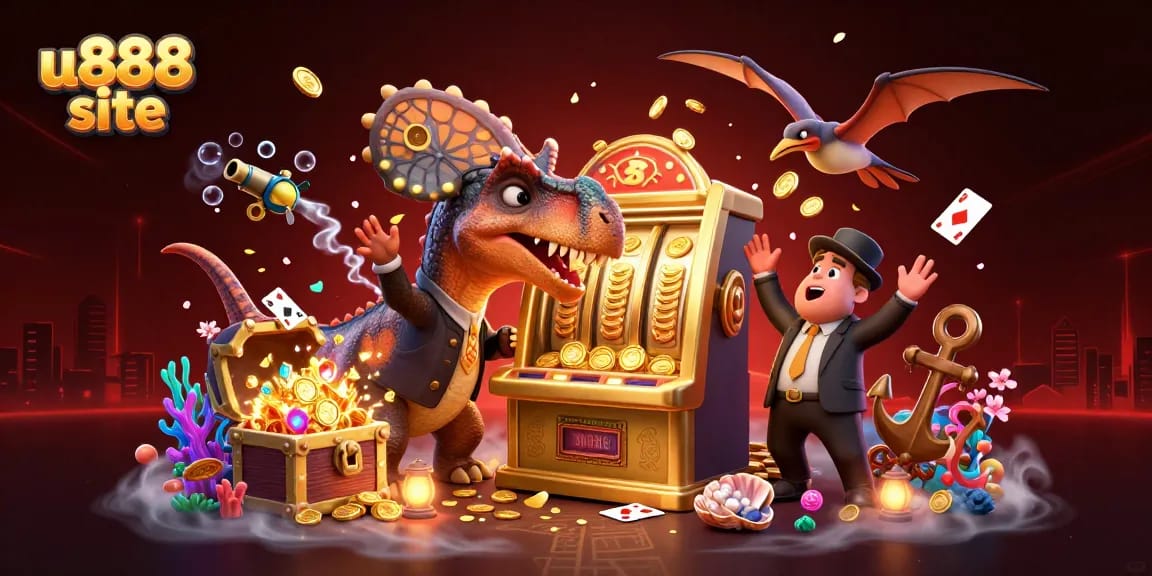 Experience the excitement of u888 site as a dinosaur activates a jackpot, surrounded by flying coins and playful casino elements.