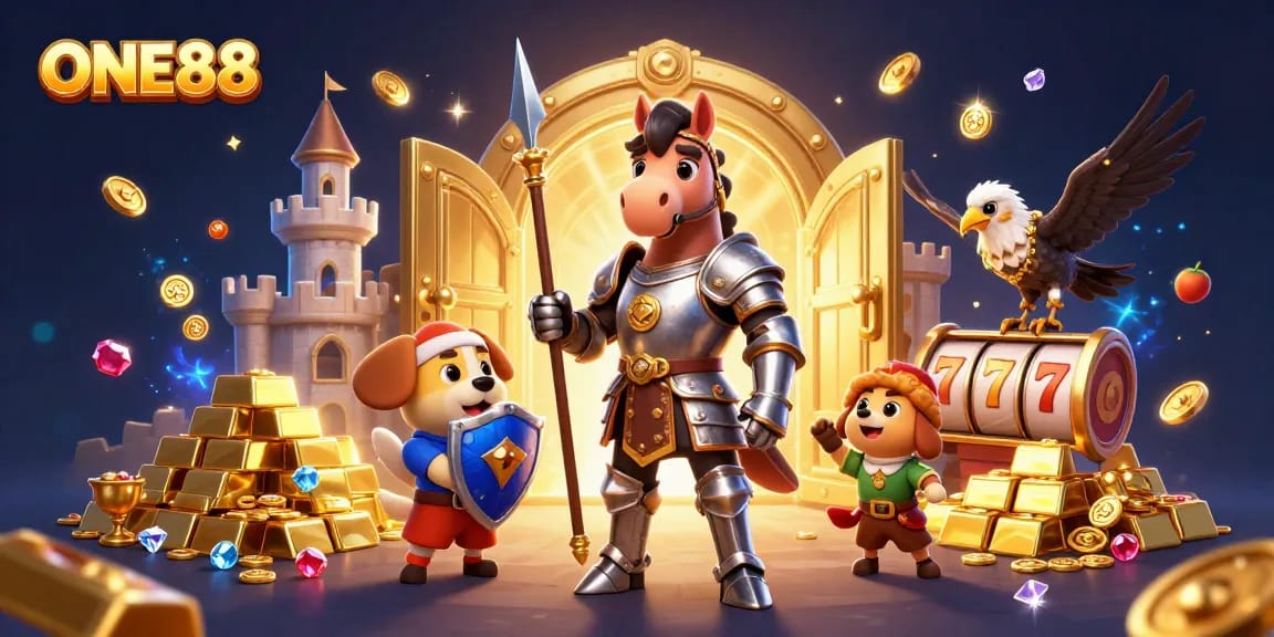 Engage in thrilling gameplay with ONE88's captivating medieval casino scene full of treasures.