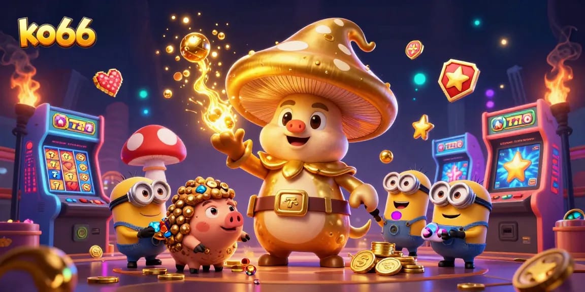 Spin the reels at ko66, featuring a magical golden mushroom wizard in a vibrant casino scene.