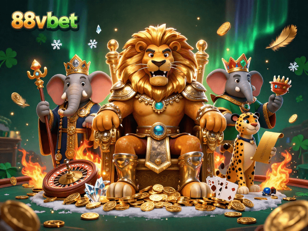 Experience the excitement at 88vbet with a vibrant casino scene featuring a lion king and betting elements.