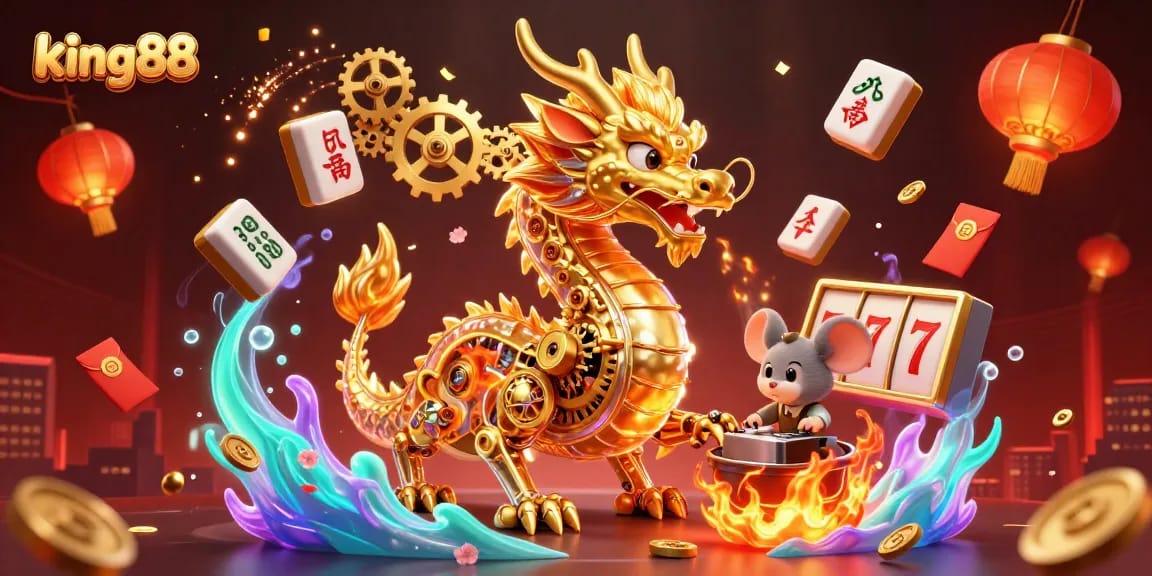 Engage with king88's exciting casino adventure featuring a golden dragon and game elements.
