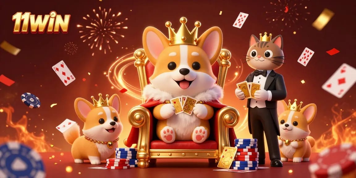 Experience thrilling wins with 11WIN, featuring a royal corgi, vibrant poker chips, and festive elements.