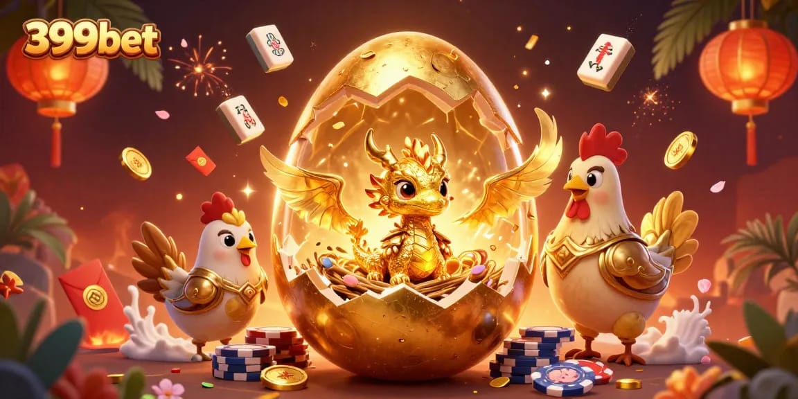 Engage with 399bet's exciting games featuring a golden dragon amidst poker chips and vibrant festive elements.