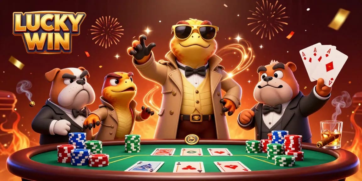 Win big at LUCKY WIN casino with raptors in trench coats, poker, and vibrant casino scenes.