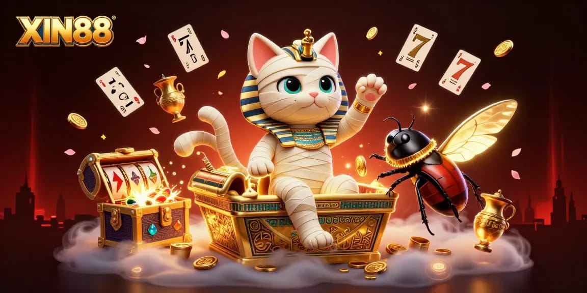 Experience the exciting XIN88 casino scene with a mummy cat and a scarab beetle surrounded by slot machines and treasures.