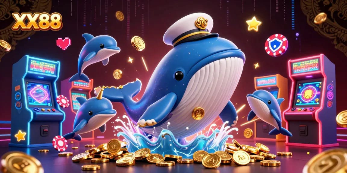 Experience the vibrant XX88 gaming world with a dynamic 3D scene of playful sea creatures and arcade excitement.