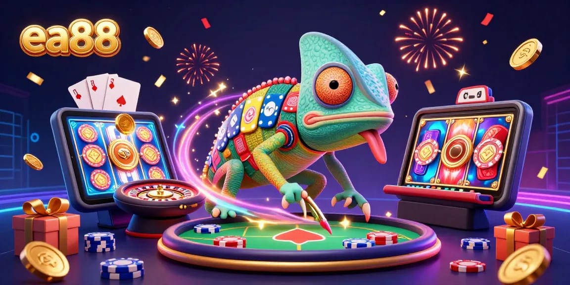 Experience the vibrant world of ea88 as the chameleon casino owner captures golden coins in this dynamic digital illustration.