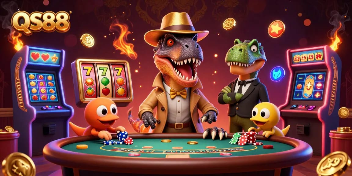 Experience thrilling gameplay at QS88 with a velociraptor card counter and stegosaurus pit boss in a lively casino.