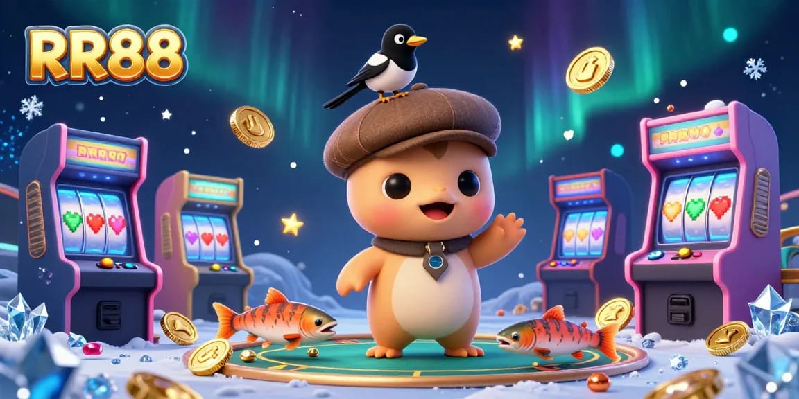 Engage in dynamic gambling action with RR88 featuring cartoon baby Nessie, a magpie, and arcade elements.