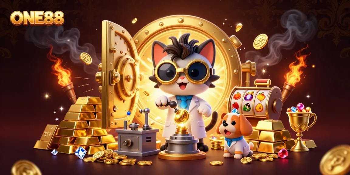 ONE88 brings excitement to online gaming with mad scientist cat and lab assistant amid gold coins and slot elements.