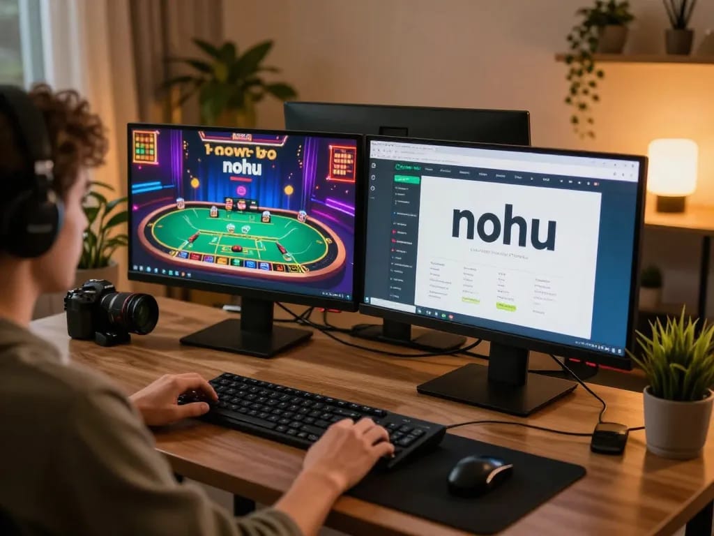 Engaging online blackjack play at home featuring nohu betting app on dual monitors
