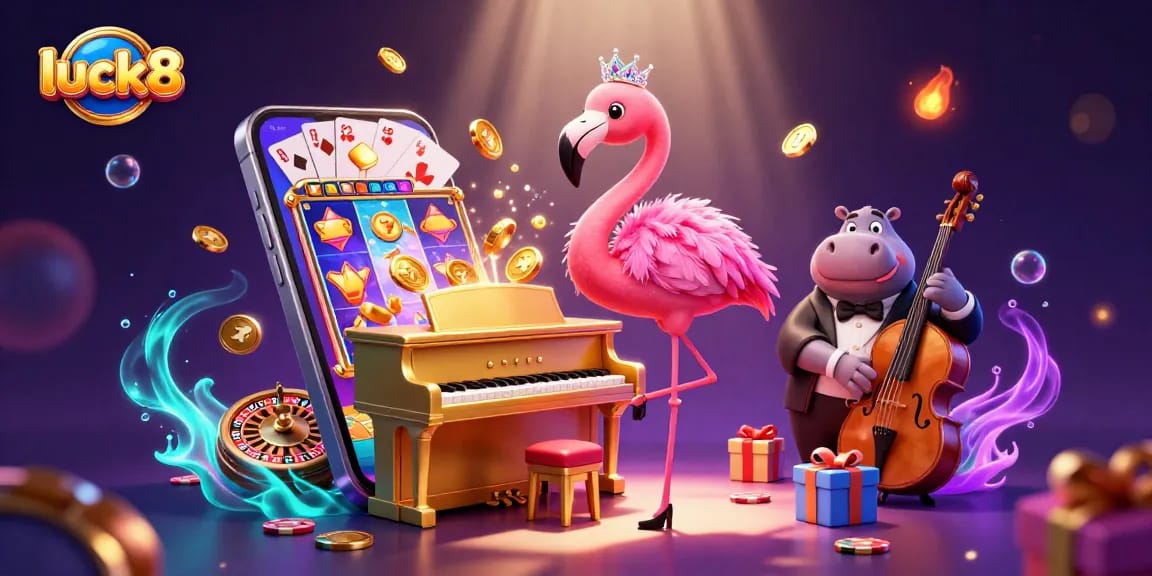 Experience excitement at luck8 with a vibrant casino scene featuring cartoons and dynamic gaming elements.