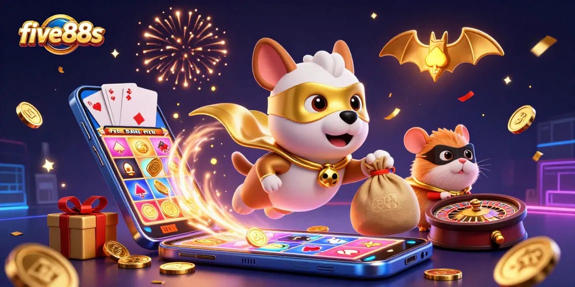 Join the excitement at five88s with a superhero dog and hamster celebrating big casino wins!