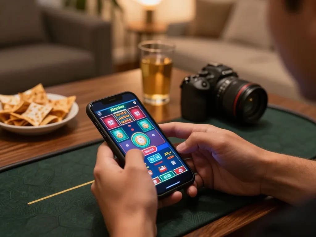 Engaged player making strategic moves on Hitclub casino app from a cozy home setup.