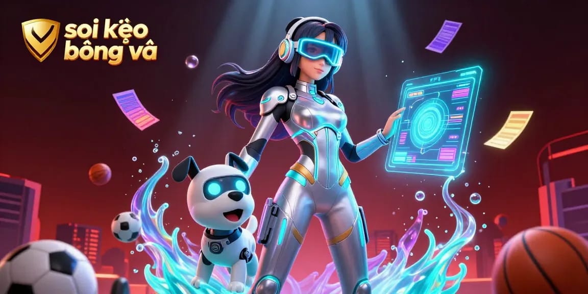 Engage in soi kèo bóng đá analysis with a dynamic scene of sports betting elements and futuristic visuals