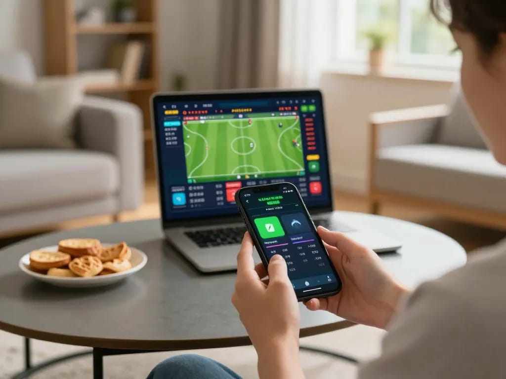 Engaging in live betting on OPEN88 using a smartphone, showcasing user-friendly interface in a cozy home setting