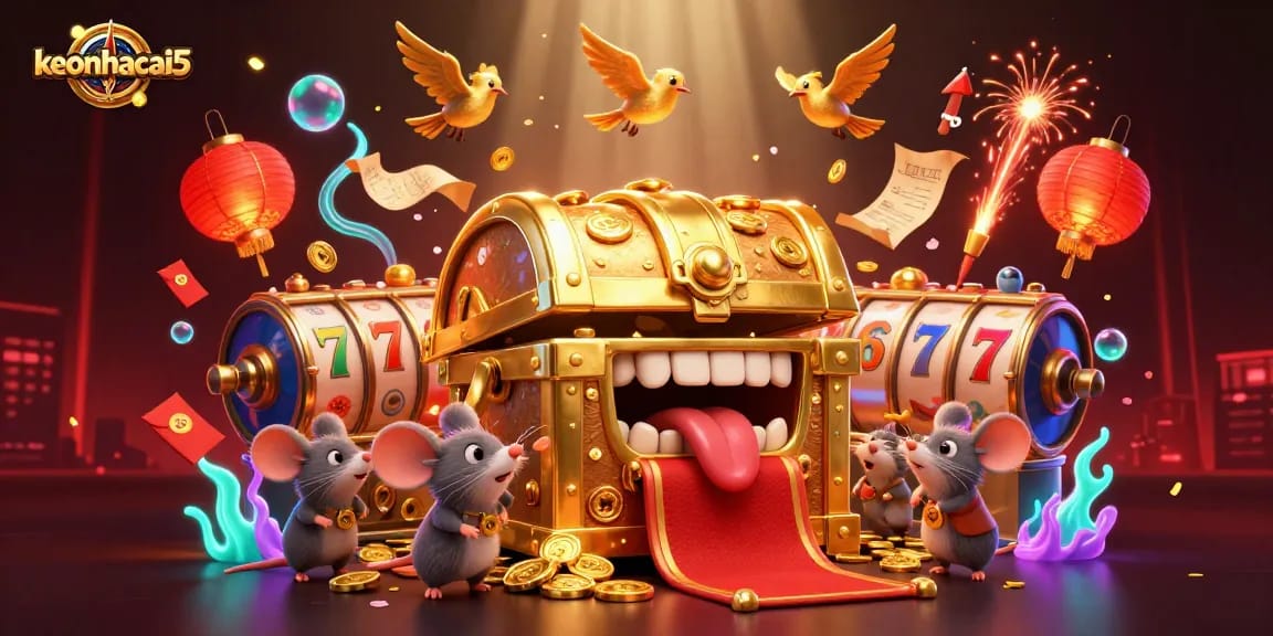 Engage in thrilling betting adventures with keonhacai5, featuring vibrant slot reels and animated treasures.