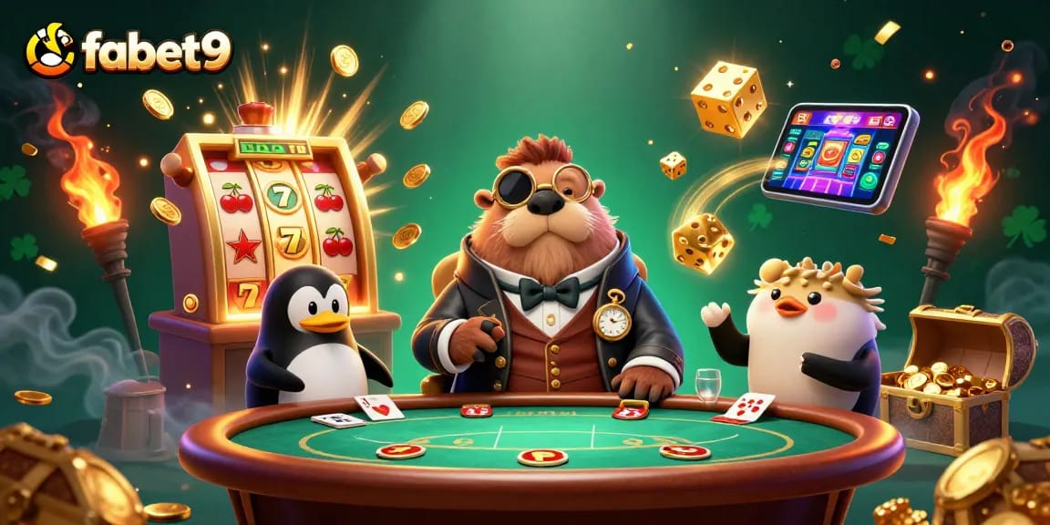 fabet9 showcases an underwater poker game with a walrus, penguin dealer, and gaming elements.