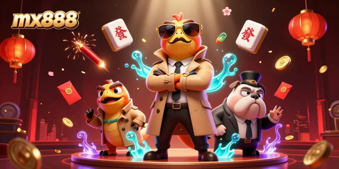 Experience excitement at mx888 with vibrant casino elements and playful raptors in a trench coat.