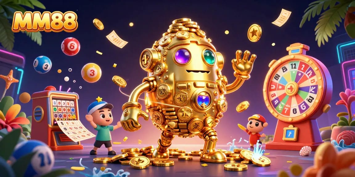 Join the casino excitement at MM88 with vibrant gaming elements and a golden golem character.