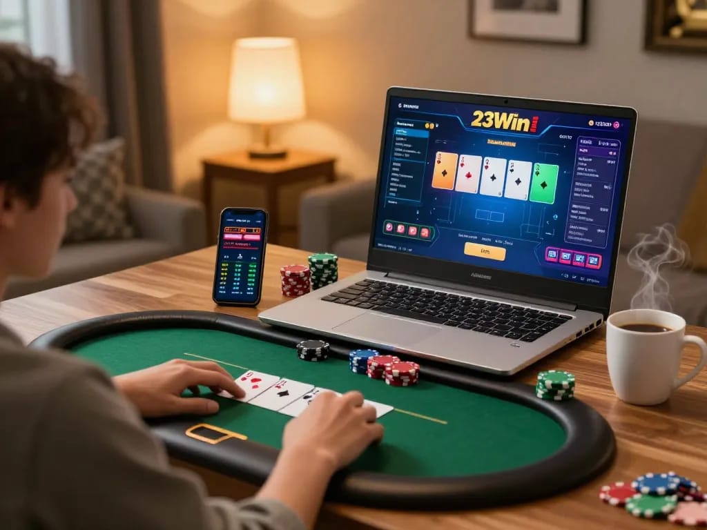 Engaged player enjoying poker on 23Win with colorful cards and chips in a cozy online gaming setup.