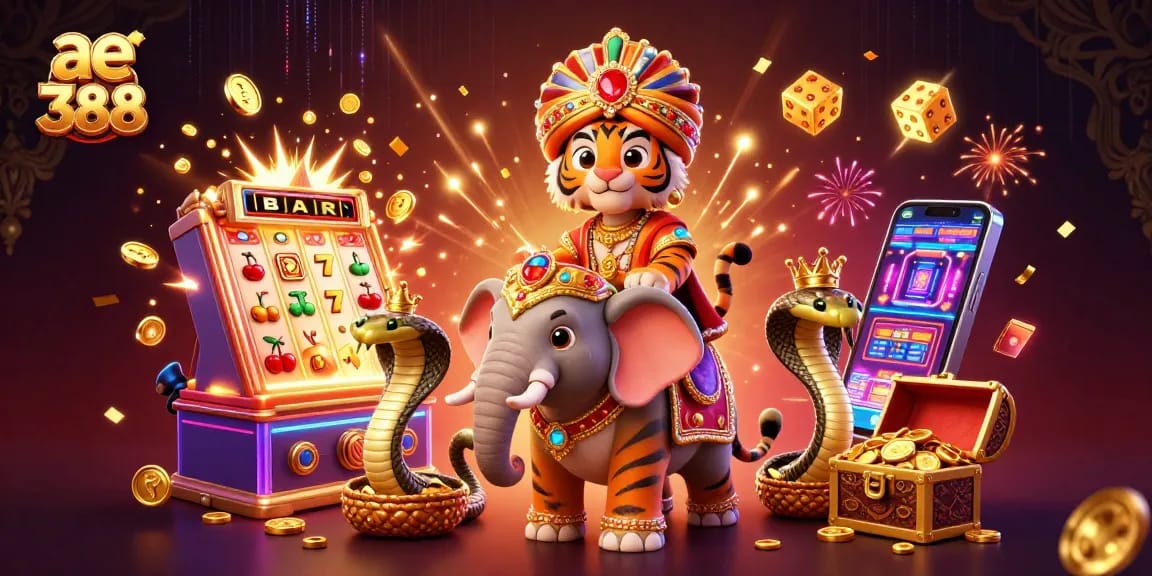 Win big at ae 388 with exciting slots and bold jackpots surrounded by vibrant characters.