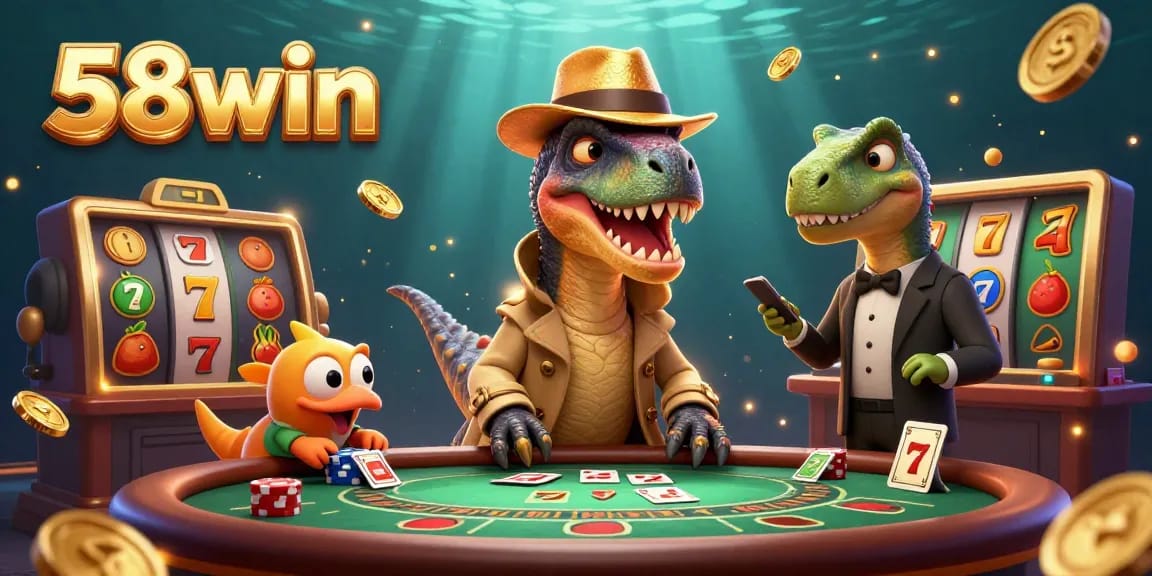 58win enhances the gaming scene with a 3D velociraptor card counter at a blackjack table.