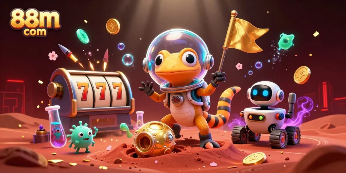 Experience the thrilling adventure of 88m com through a vibrant 3D illustration featuring a Martian gecko discovering a golden casino.
