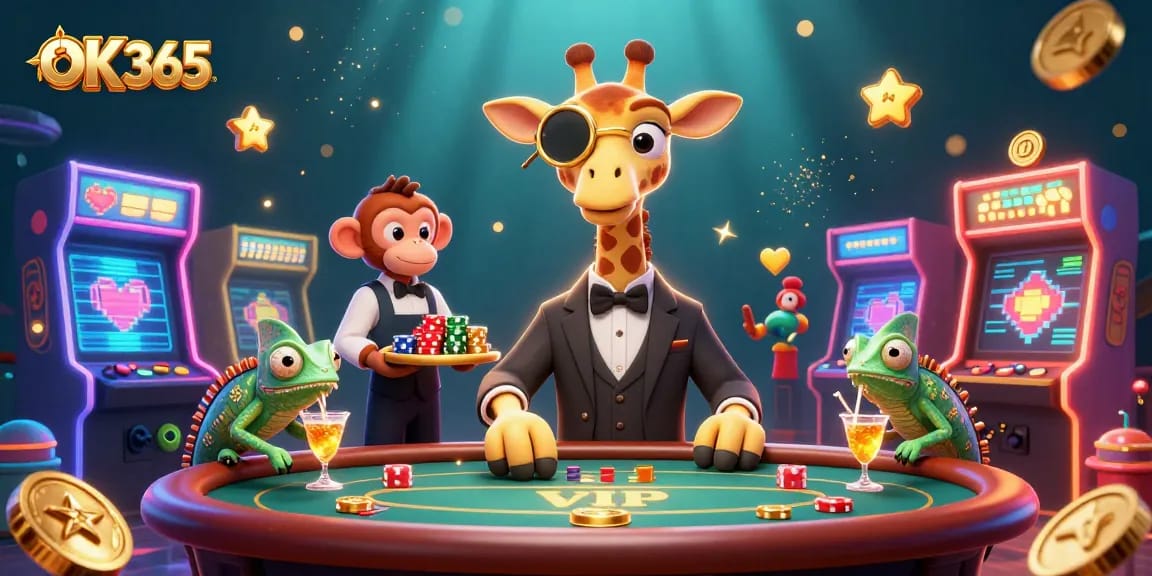 Engage with OK 365's vibrant casino adventure featuring a giraffe, monkey, and chameleon in action.