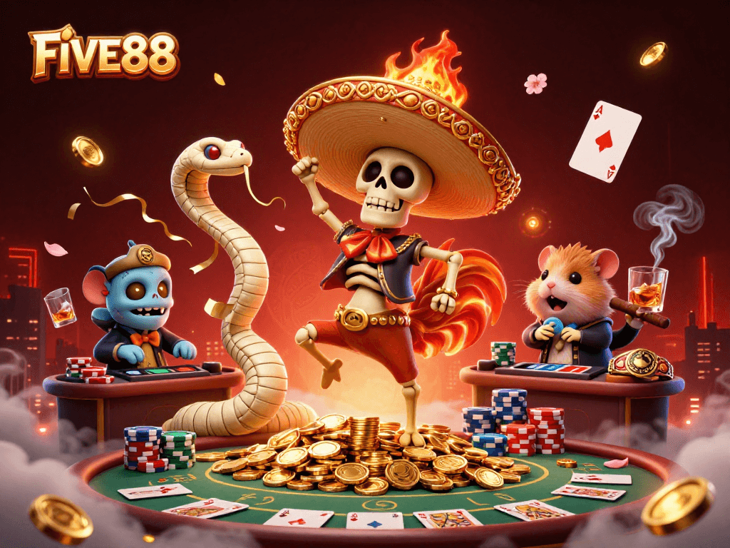 FIVE88 showcases a festive winning scene with a mariachi rooster dancing amidst poker elements.